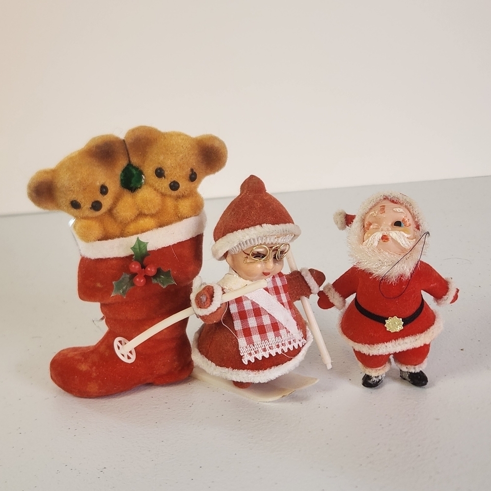 Vintage Flocked Santa Mrs. Claus Christmas Tree Ornament Lot MCM 60s 70s Kitsch